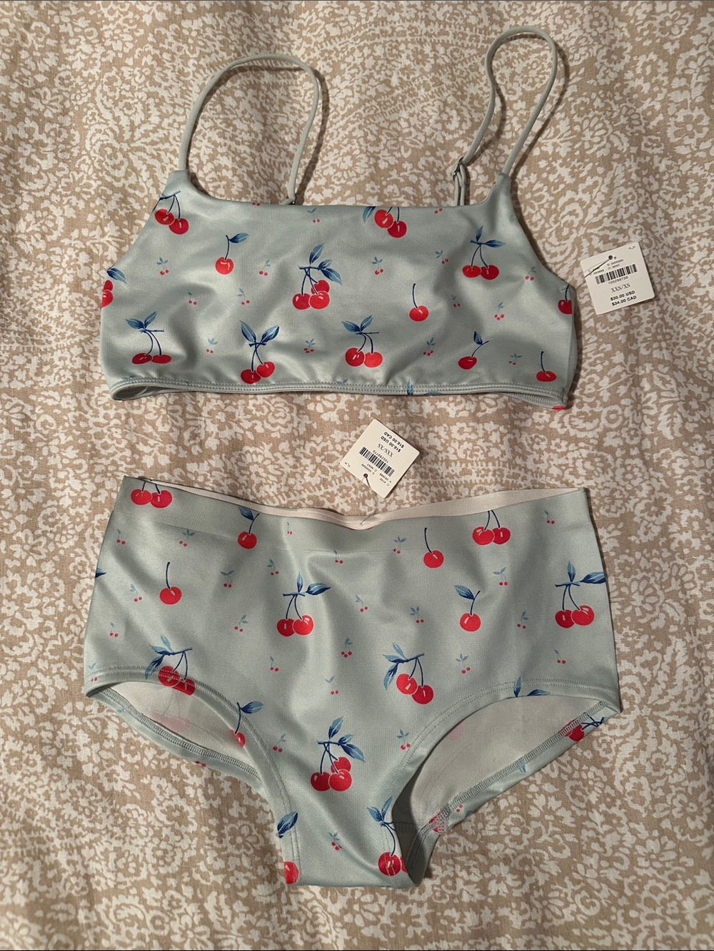 Anthropologie Light Blue Cherry Print Bralette & High-Waist Brief Set super soft